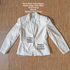 Anne Klein 1970's Blazer, Pastel beige 100% Wool, Size 6, 34 inch bust, Slim fit